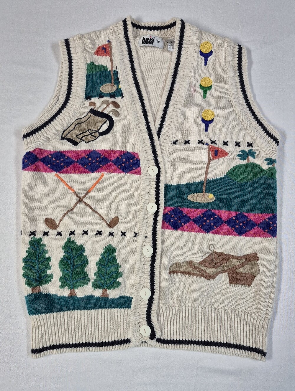 Vintage Lucia Ltd Golf Knit Sweater Vest Womens M Grandmacore Golfcore 90s